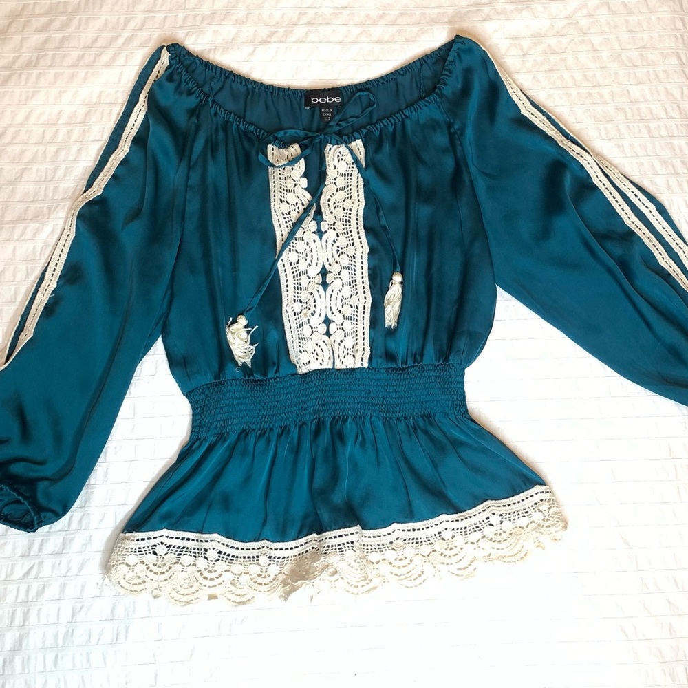 BEBE satin boho crotchet blouse